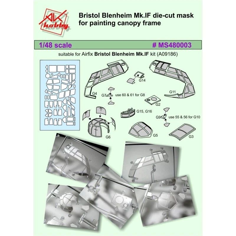 1:48 Bristol Blenheim MK1F Cockpit frame and wheel hub masking set (Airfix)