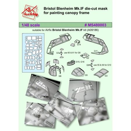 1:48 Bristol Blenheim MK1F Cockpit frame and wheel hub masking set (Airfix)