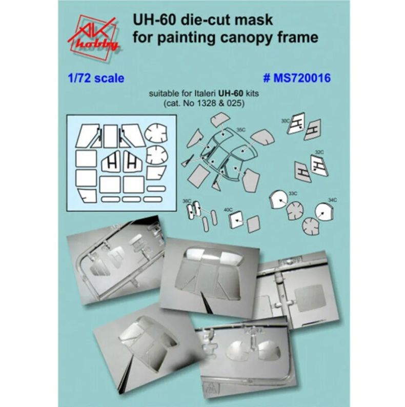 1:72 UH60 Blackhawk Canopy, cabin window and wheel hub masking set (Italeri)