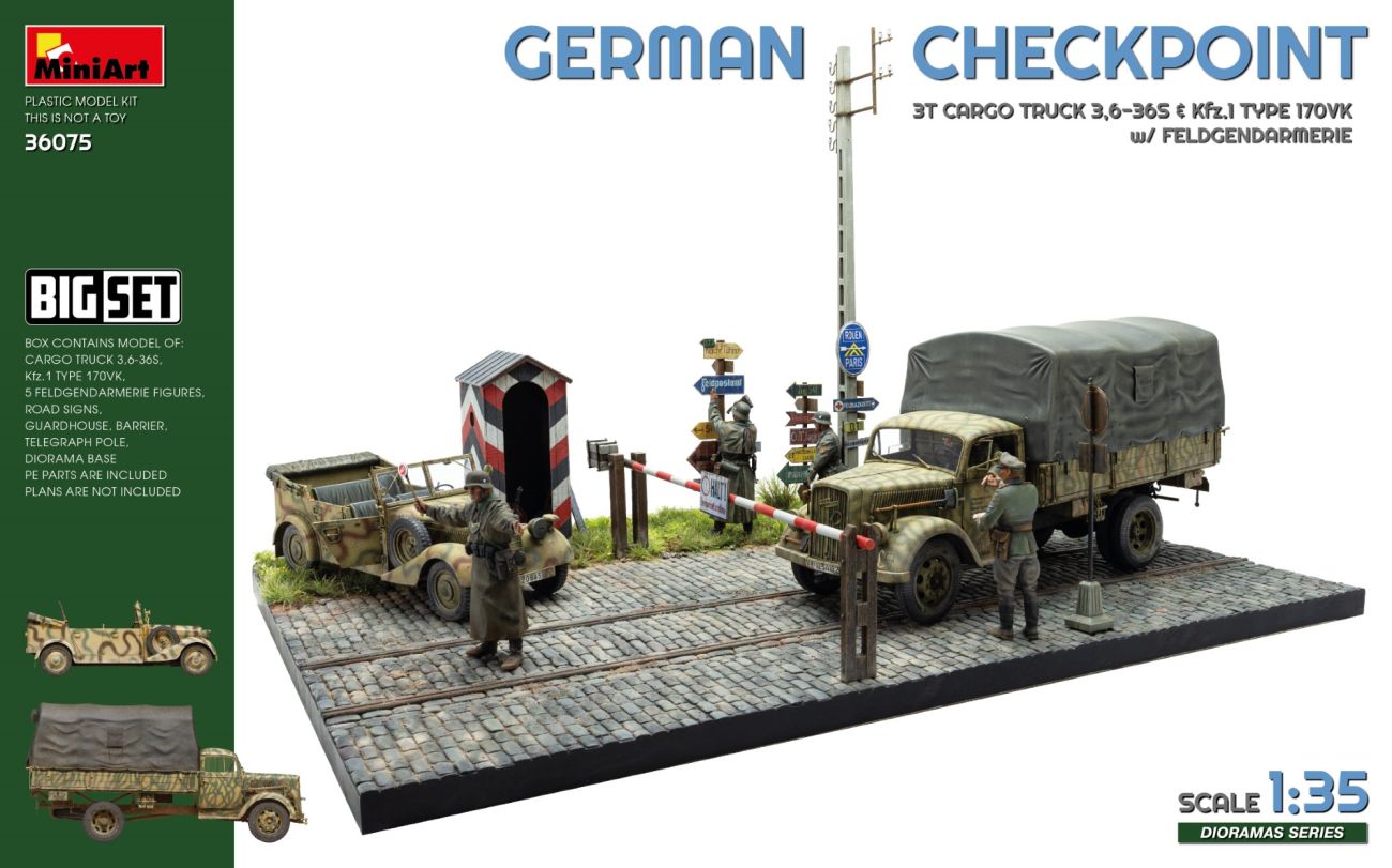 1:35 GERMAN CHECKPOINT. 3T Cargo Truck 3,6-36S & Kfz.1 Type 170VK w/ Feldgendarmerie. BIG SET