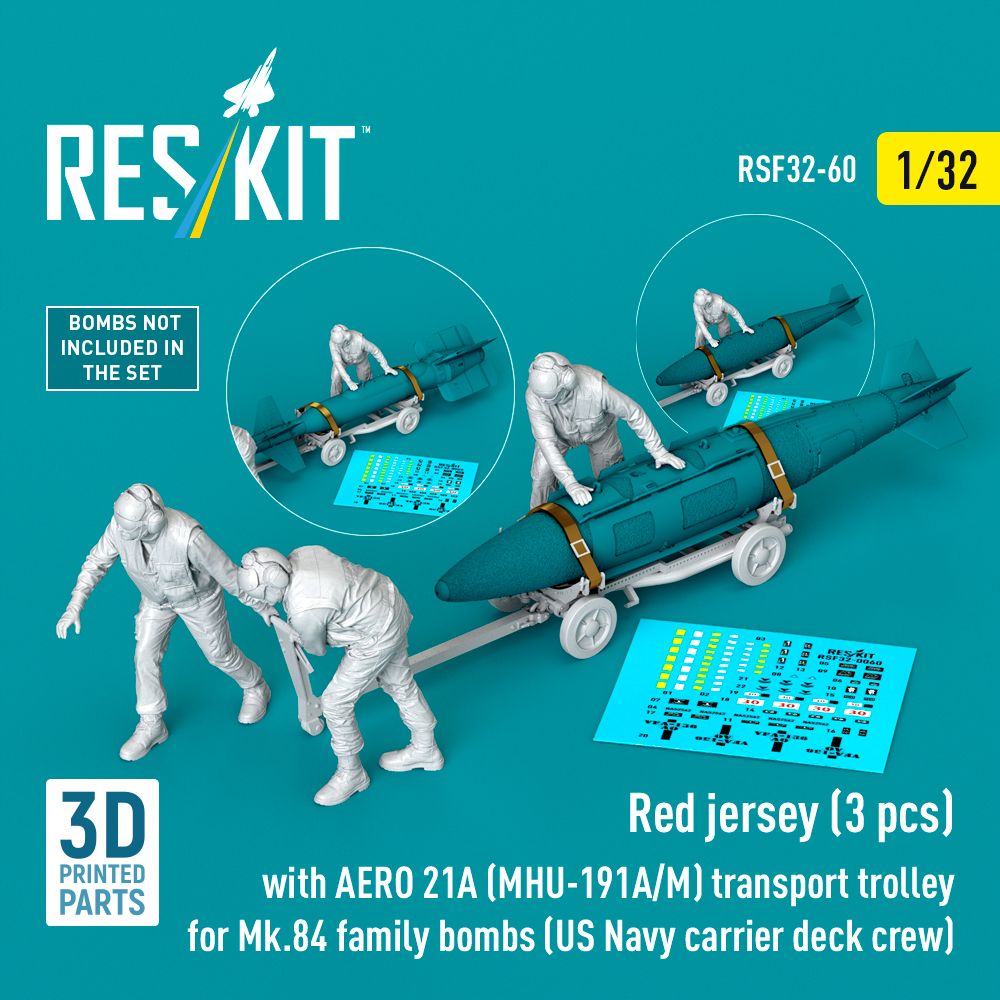 1:32 Red jerseys (3 pcs) with AERO 21A (MHU-191A/M) transport trolley for Mk.84 family bombs (US Navy carrier deck crew) (3D Printed)