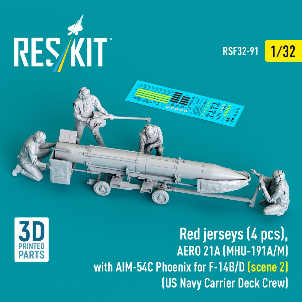 1:32 Red jerseys (4 pcs), AERO 21A (MHU-191A/M) with AIM-54C Phoenix for F-14B/D (scene 2) (US Navy Carrier Deck Crew) (3D Printed)
