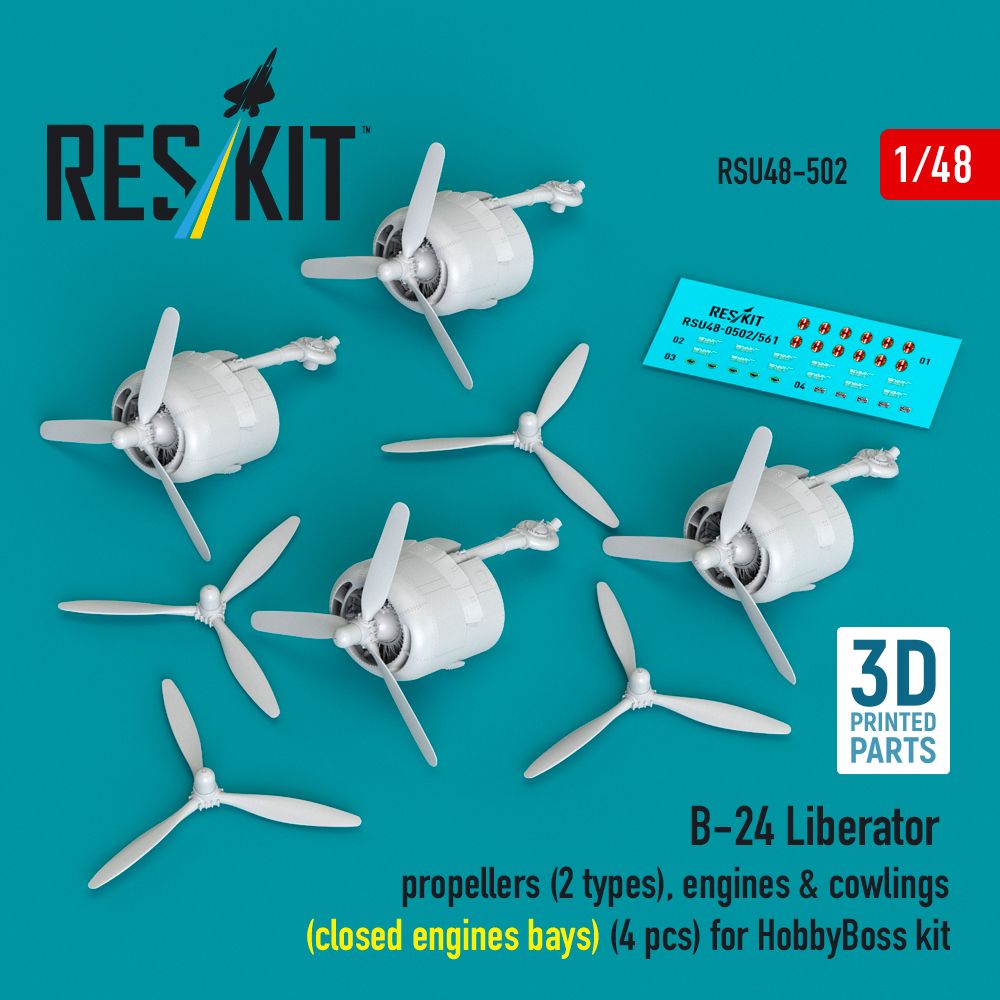 1:48 B-24 Liberator - propellers (2 types), engines & cowlings (closed engine bays) (4 pcs) (3D Printed) for HobbyBoss