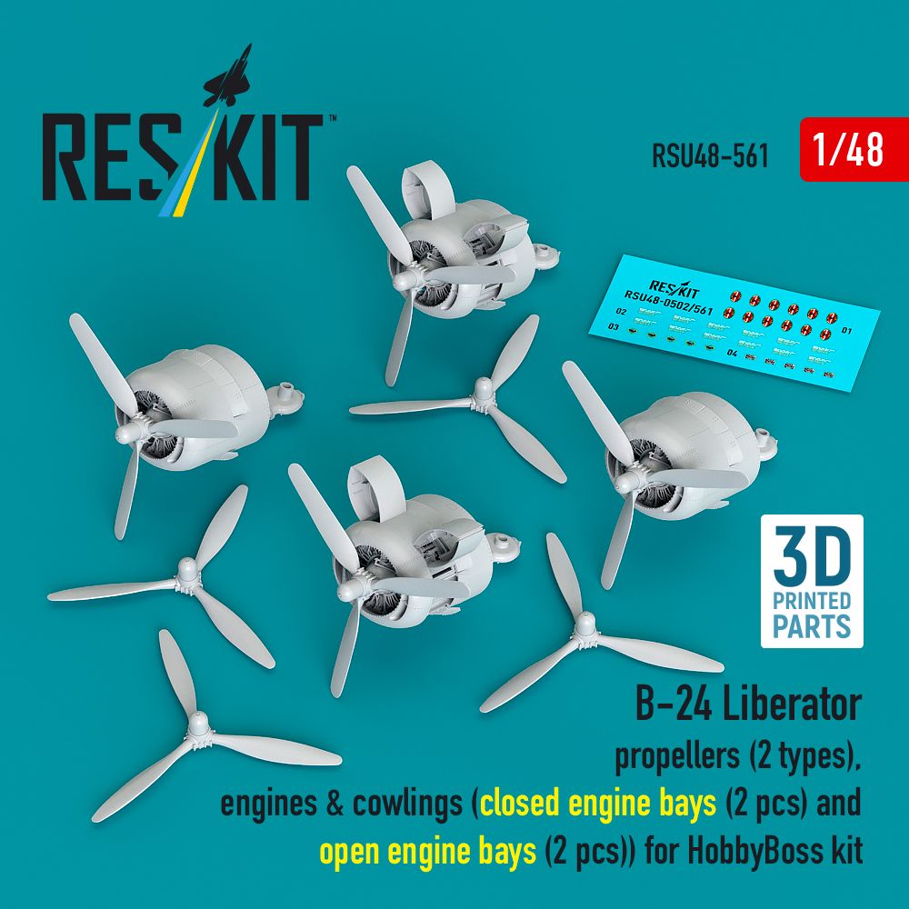 1:48 B-24 Liberator - propellers (2 types), engines & cowlings (closed engine bays (2 pcs) and open engine bays (2 pcs) (3D Printed) for HobbyBoss