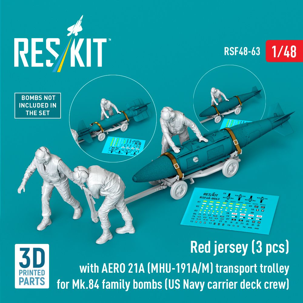 1:48 Red jerseys (3 pcs) with AERO 21A (MHU-191A/M) transport trolley (Mk.84 family bombs) (US Navy carrier deck crew) (3D Printed)