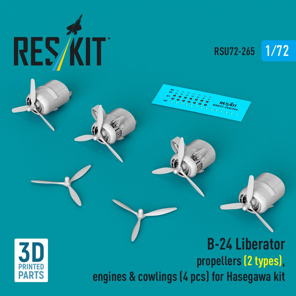 1:72 B-24 Liberator - propellers (2 types), engines & cowlings (4 pcs) (Hasegawa) (3D Printed)