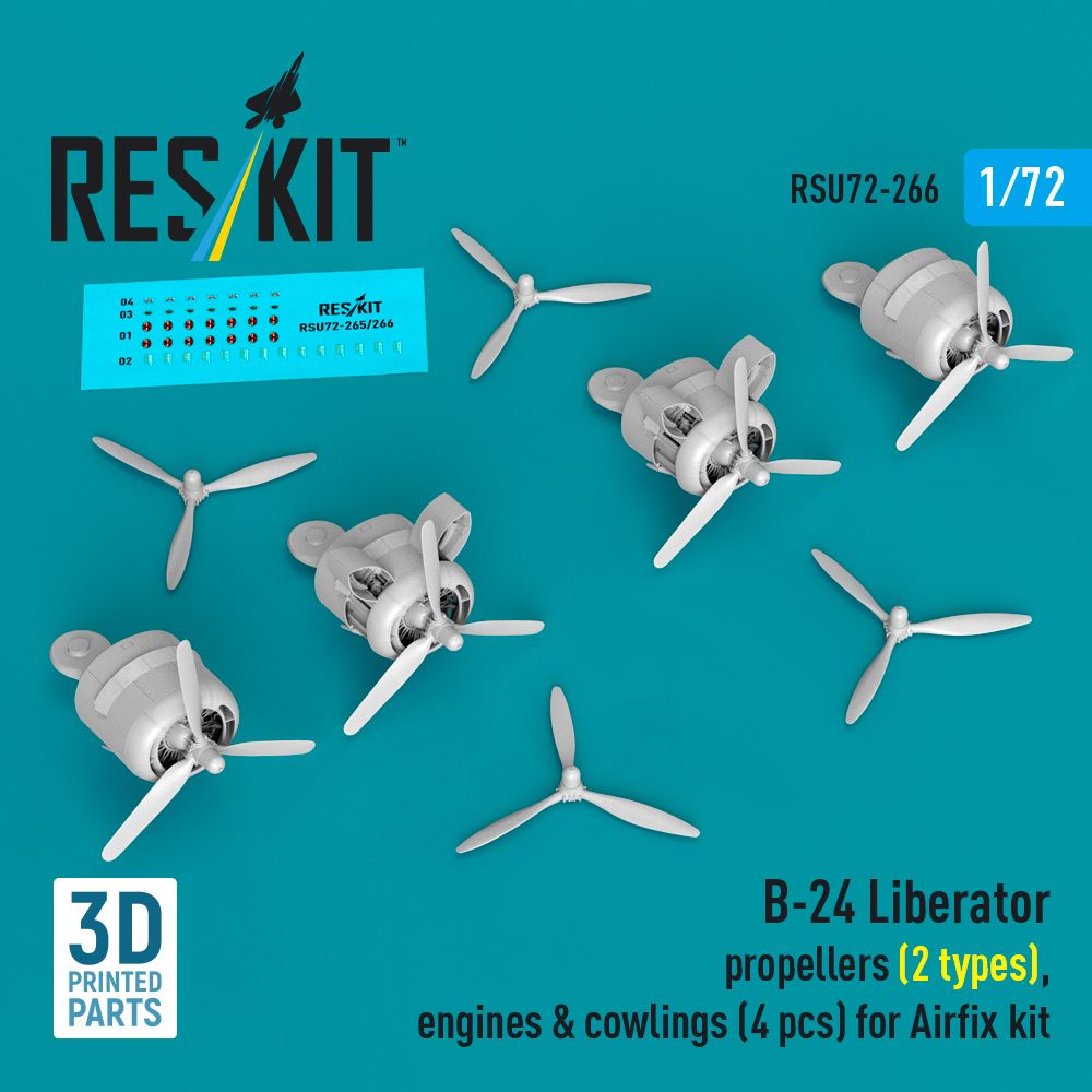 1:72 B-24 Liberator - propellers (2 types), engines & cowlings (4 pcs) (Airfix) (3D Printed)