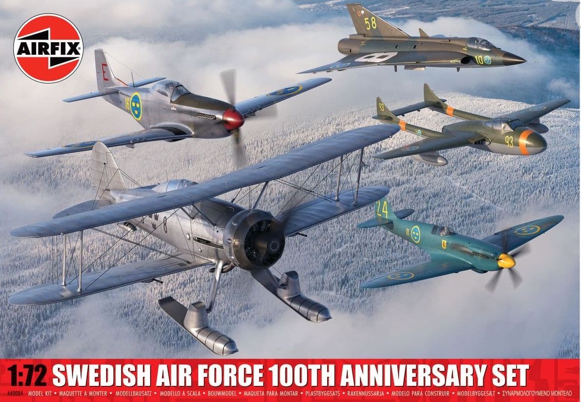 1:72 Swedish Air Force 100th Anniversary Set (Gloster Gladiator NA, P-51 Mustang, Supermarine Spitfire Mk.XIX, DH Vampire, SAAB Drakken)