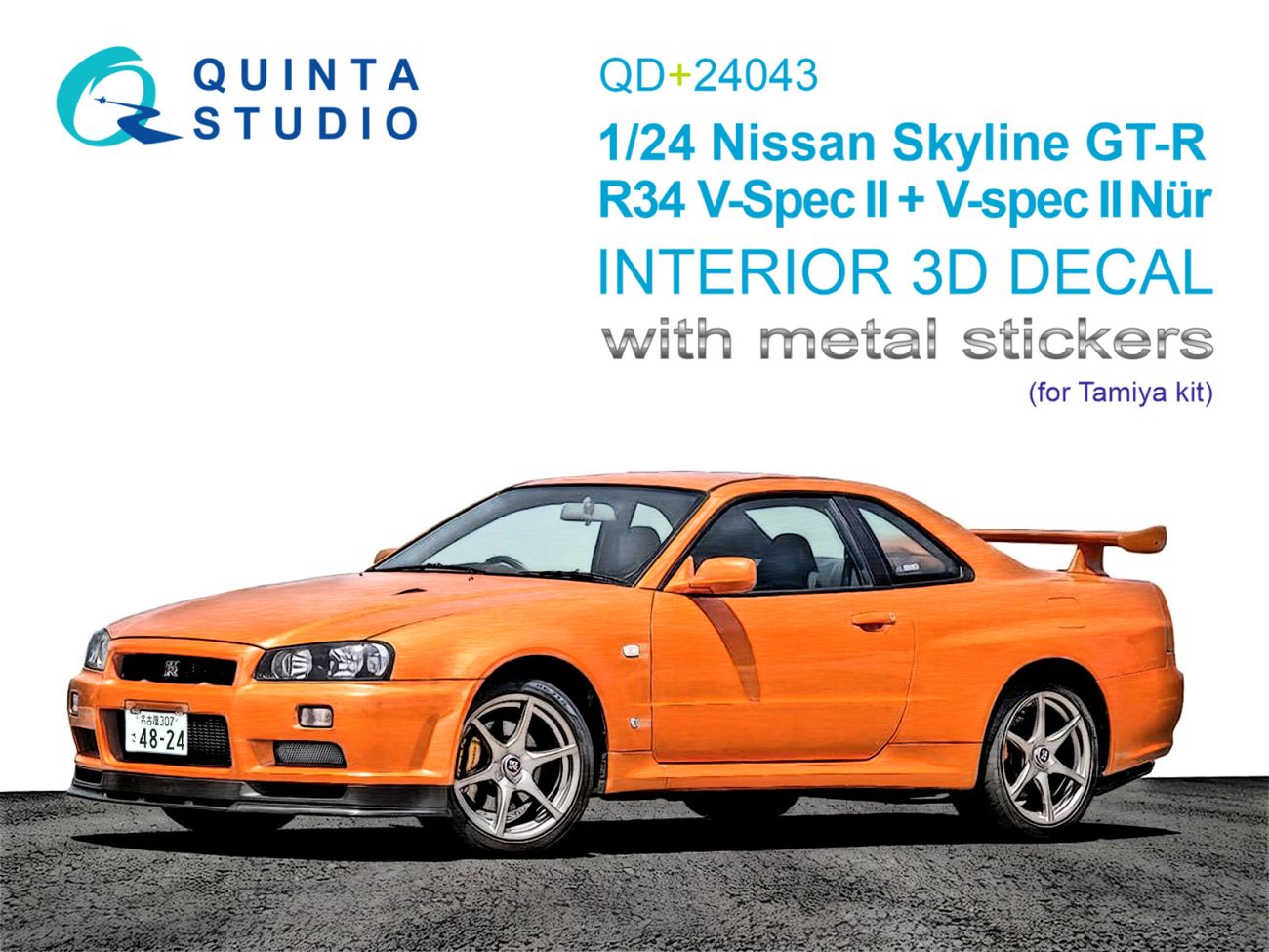 1:24 Nissan Skyline GT-R R34 V-Spec II 3D-Printed & coloured Interior on decal paper (Tamiya) (with metal sticker parts)