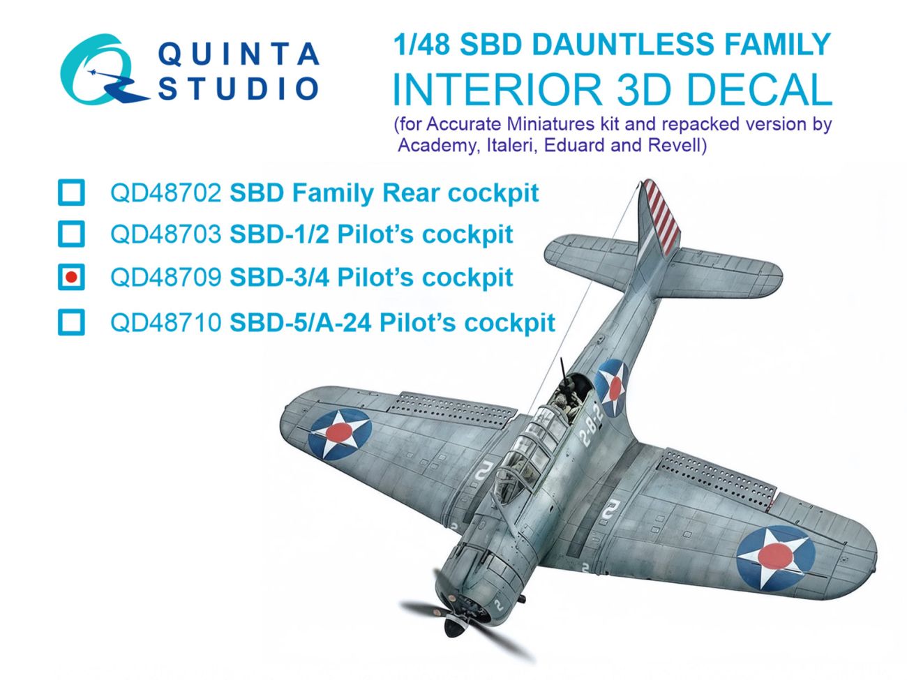 1:48 SBD-3/SBD-4 Dauntless Pilot's cockpit 3D-Printed & coloured Interior on decal paper (Accurate Miniatures/Academy/etc)