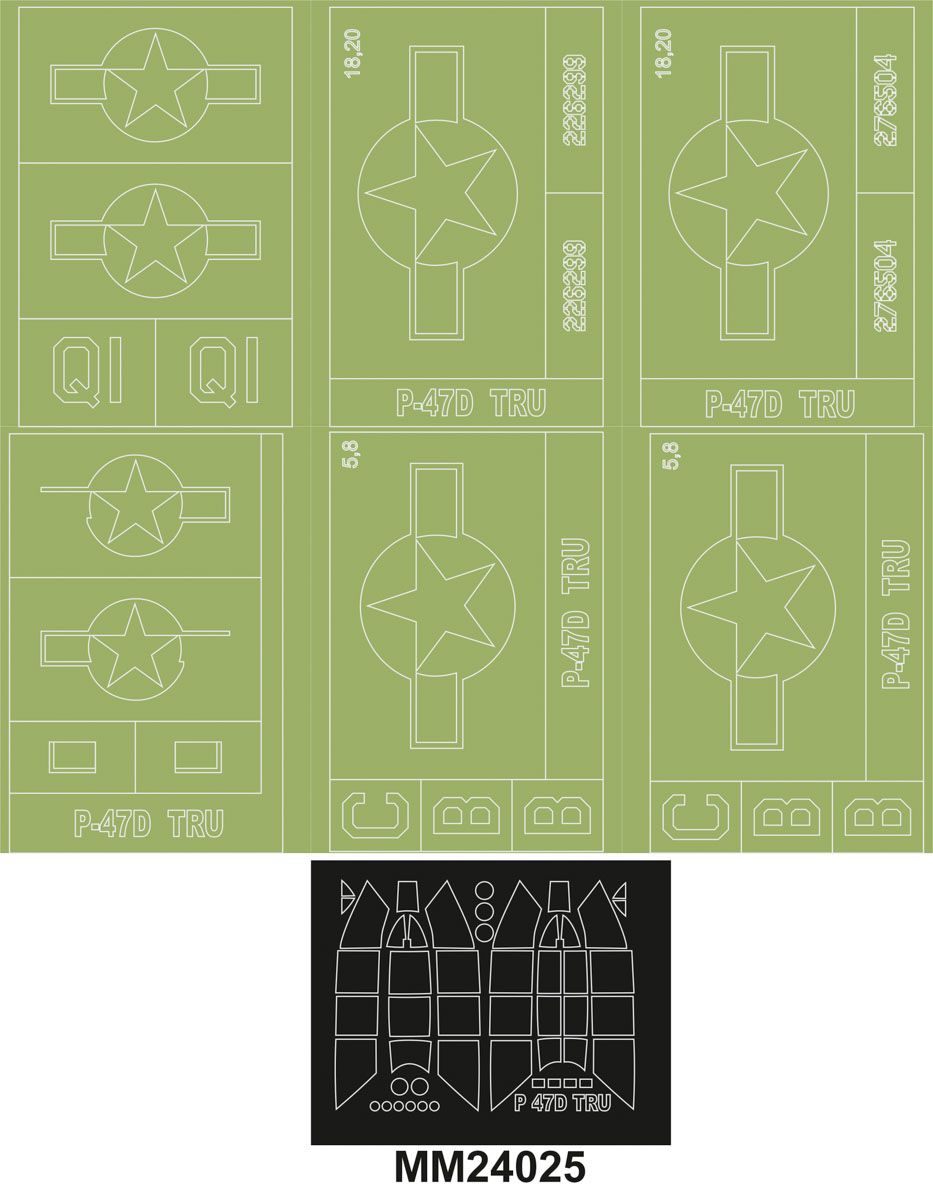 1:24 P-47D RAZORBACK Trumpeter 2427 2 canopy masks(outside & inside) + 6 insignia masks