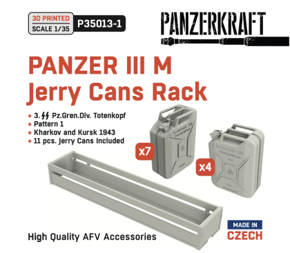 1:35 Panzer III M jerry cans rack, 3 SS Pz.Gren.Div. Totenkopf, pattern 1, Kharkov and Kursk 1943, 11x jerry cans included