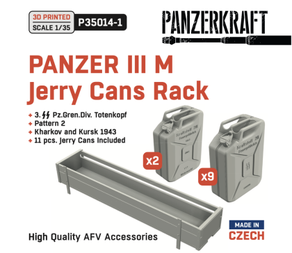 1:35 Panzer III M jerry cans rack, 3 SS Pz.Gren.Div. Totenkopf, pattern 2, Kharkov and Kursk 1943, 11x jerry cans included