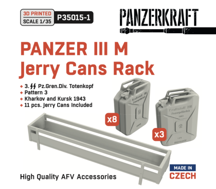 1:35 Panzer III M jerry cans rack, 3 SS Pz.Gren.Div. Totenkopf, pattern 3, Kharkov and Kursk 1943, 11x jerry cans included
