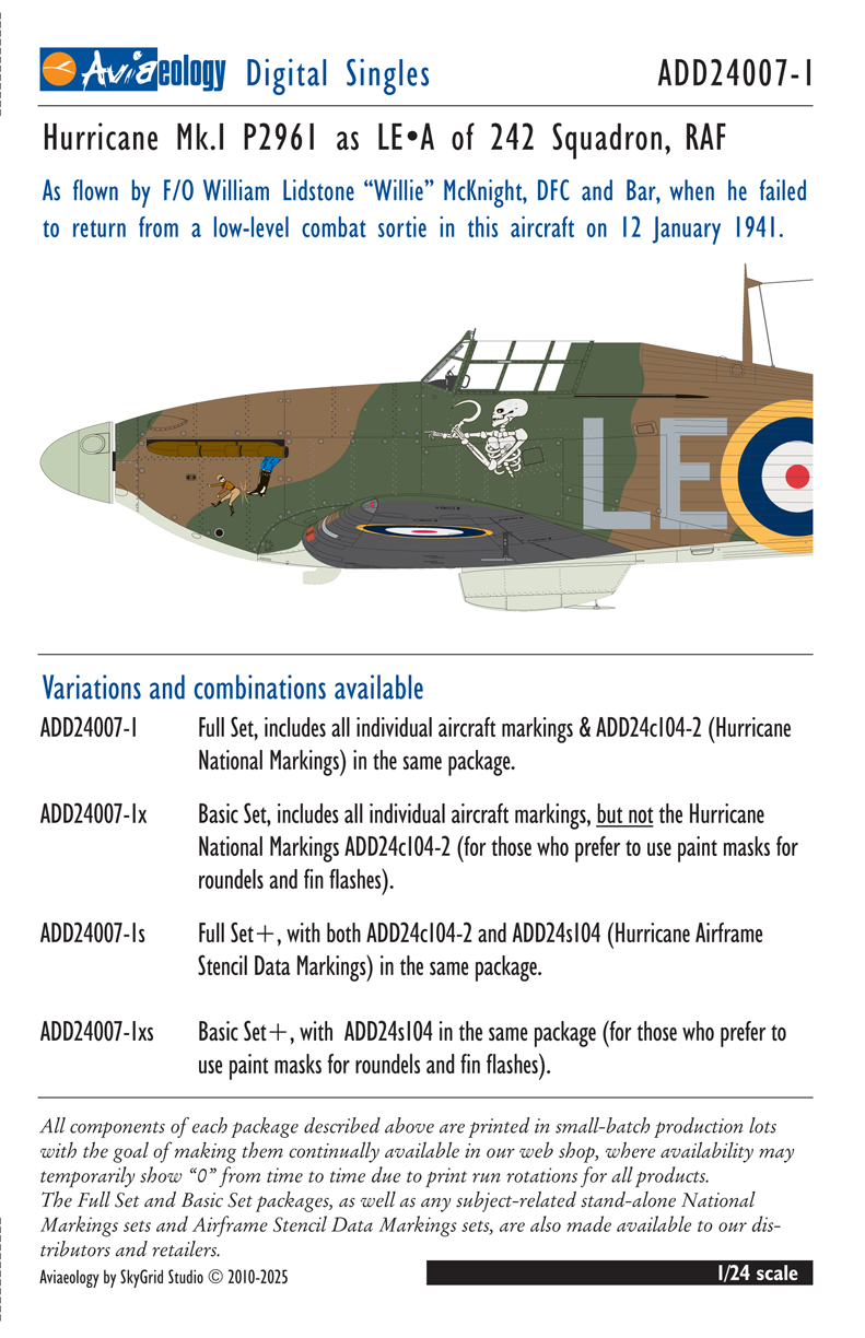 1:24 Hawker Hurricane Mk.I - P2961 as LE-A of 242 Sqn / RAF-McKnight aircraft (Full Set)