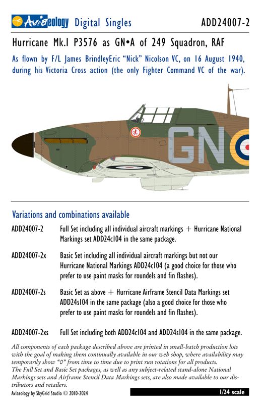 1:24 Hawker Hurricane Mk.I - P3576 as GN-A of 249 Sqn, RAF - Nicolson VC (Basic Set)