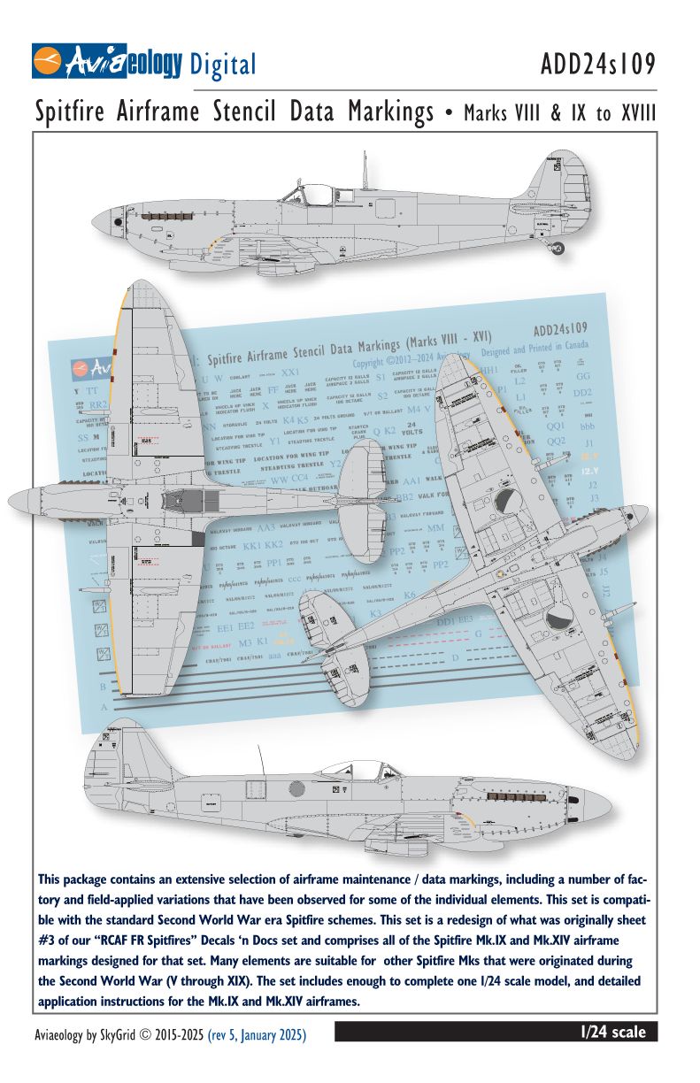 1:24 Supermarine Spitfire - Airframe Stencil / Ddata (Optimized for Mk.IX & Mk.XIV - also applicable to others)
