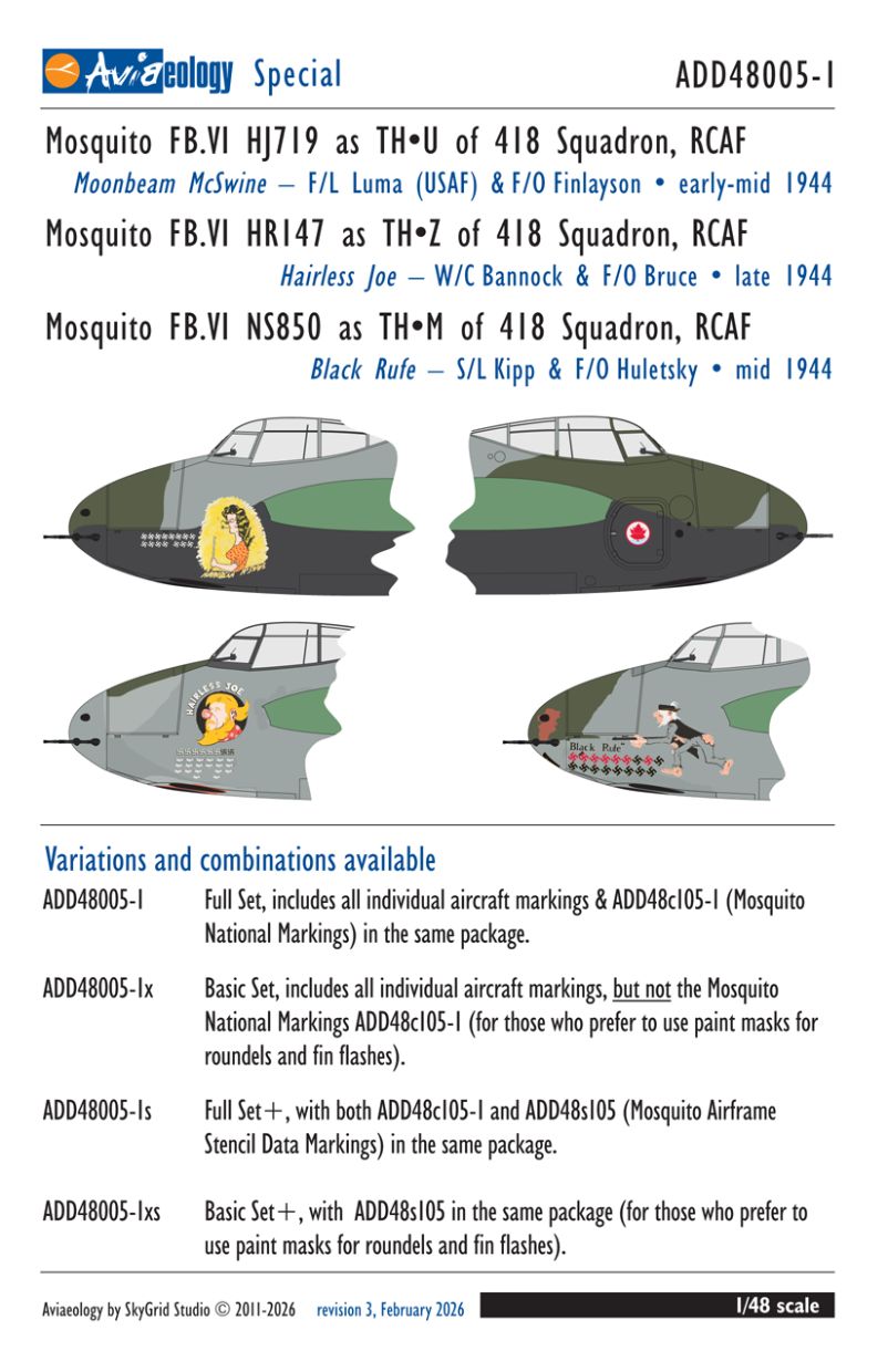 1:48 de Havilland Mosquito FB.VI - Intruders HJ719, HR147, & NS850 of 418 Sqn, RCAF (Basic Set)