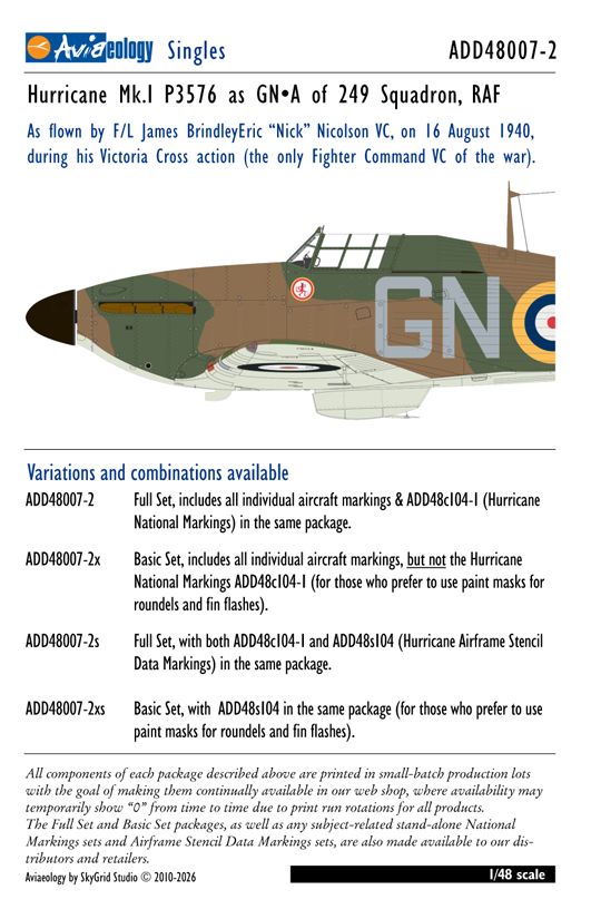 1:48 Hawker Hurricane Mk.I - P3576 as GN-A of 249 Sqn RAF - Nicolson VC (Basic Set)
