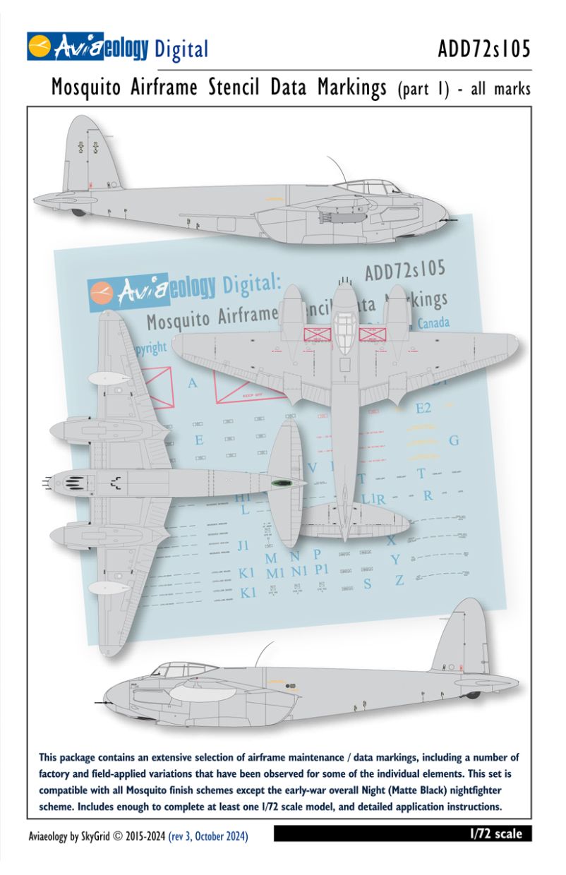 1:72 de Havilland Mosquito - Airframe Stencil / Data