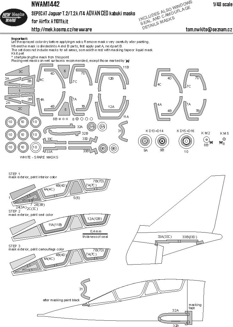 1:48 SEPECAT Jaguar T.2 / T.2A and T.4 - ADVANCED Kabuki Masks (for Airfix 11011 Kit)