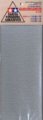 Tamiya Finishing Abrasives [Medium Set] (5 Sheets: P180x2; P240x1; P320x2)