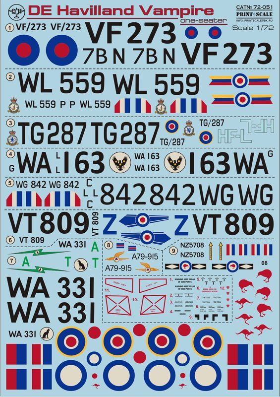 1:72 D.H. Vampire One-seaters (wet decals)