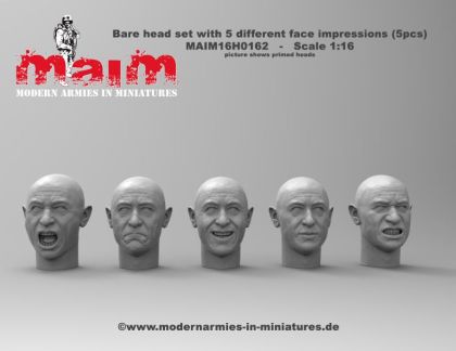 1:16 Bald Head Set with 5 different Face Impressions (5 Heads)