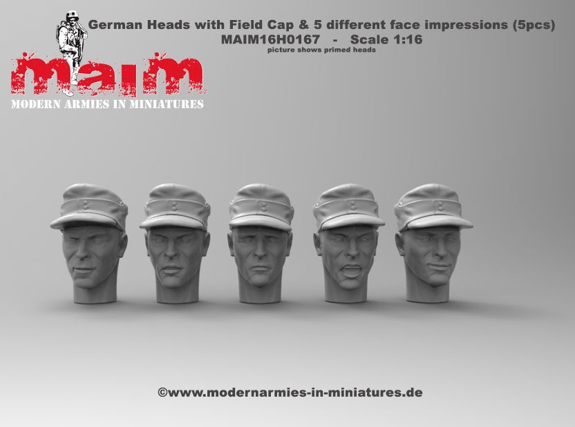 1:16 German Wehrmacht Heads w/Fieldcap - Set (5 Heads)