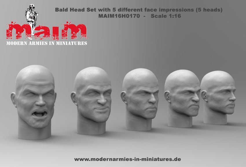 1:16 Bald Head Set with 5 different Face Impressions (5 Heads)