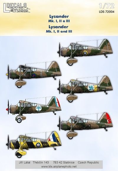 1:72 Decals Lysander Mk.I/II/III (6x camo)