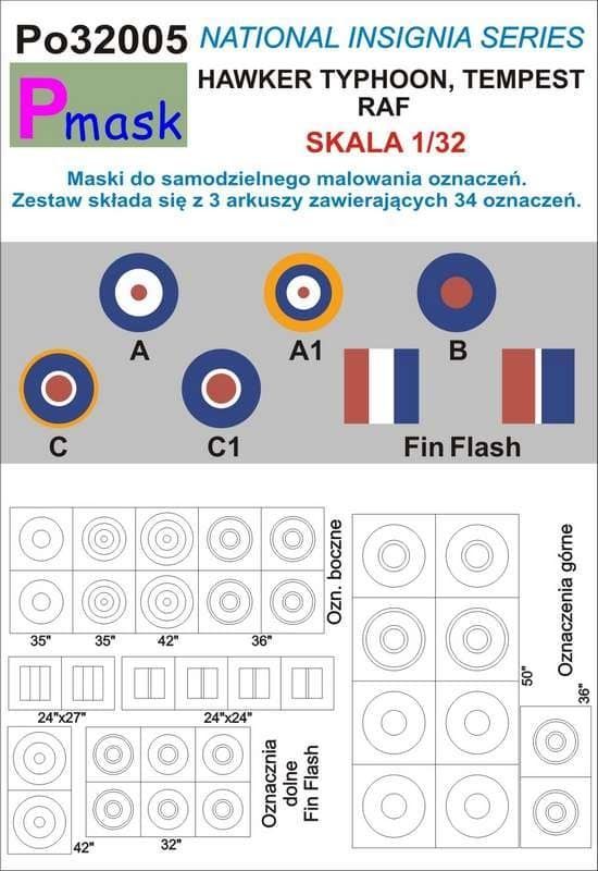 1:32 National Insignia Series Hawker Typhoon, Tempest RAF Masks for self-marking