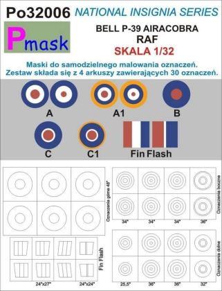 1:32 National Insignia Series Bell P-39 Airacobra RAF Masks for self-marking