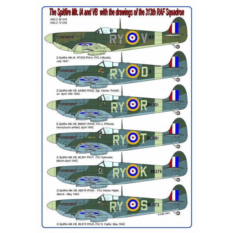 1:72 The Spitfire Mk. IA and VB decals with the drawings of the 313th RAF Squadron