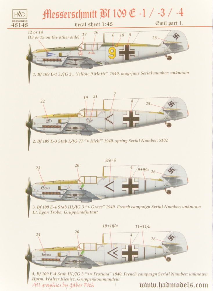 1:48 Decal Bf 109E1/E3/E4 (4x camo) Part 1