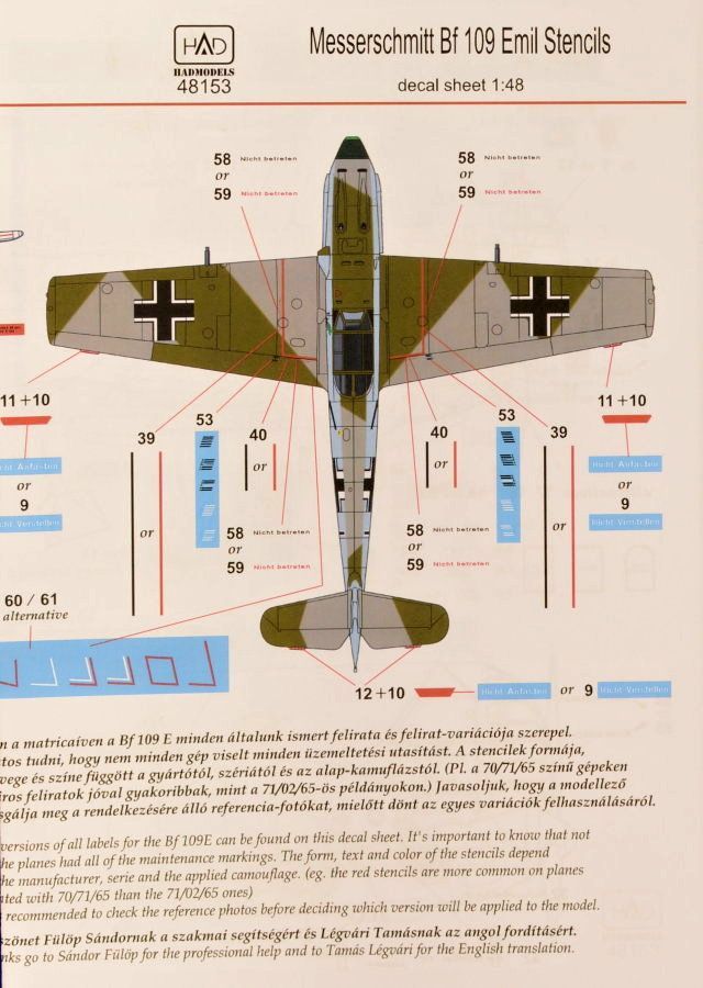 1:48 Decal Messerschmitt Bf 109 Emil STENCILS
