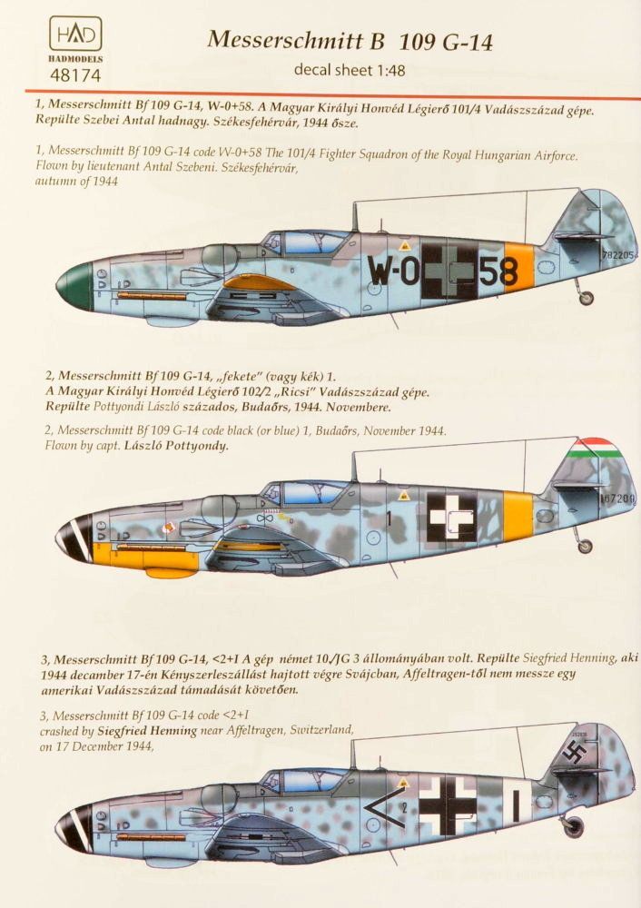 1:48 Decal Messerschmitt Bf 109G-14 (3x camo)