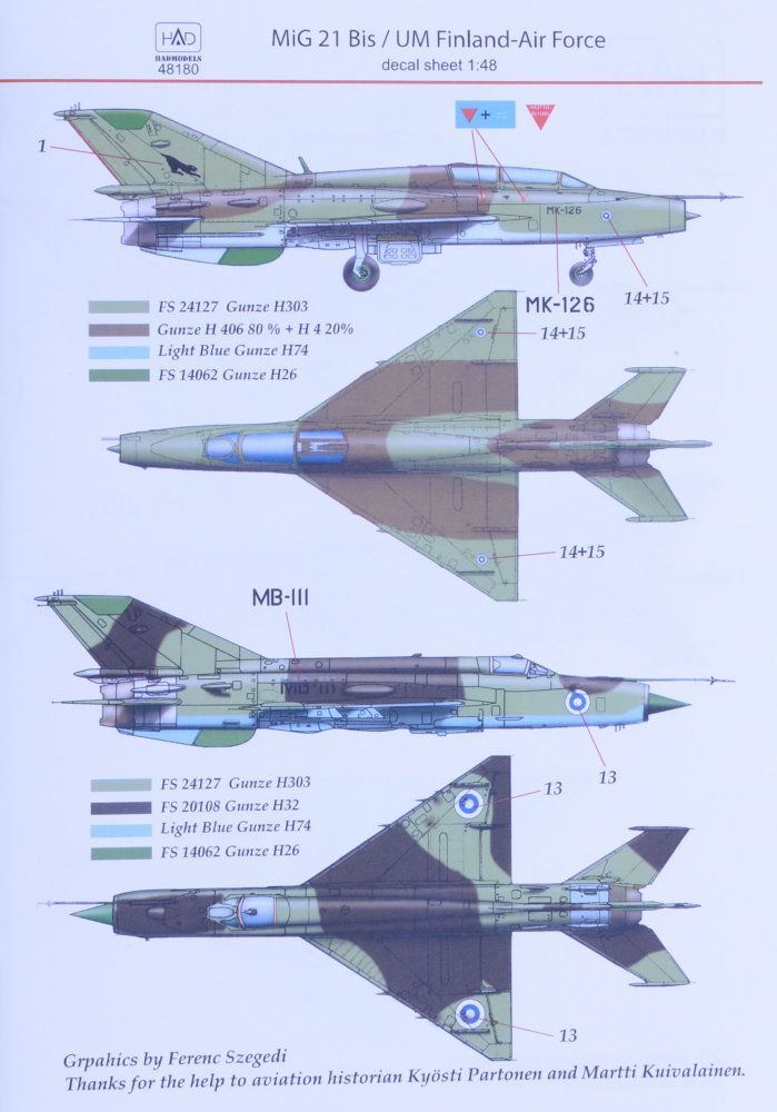 1:48 Decal MiG-21 Bis/UM Finland AF (4x camo)