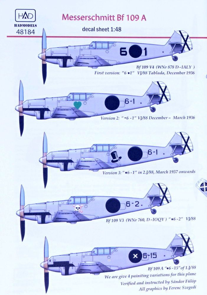 1:48 Decal Messerschmitt Bf 109A (5x camo)