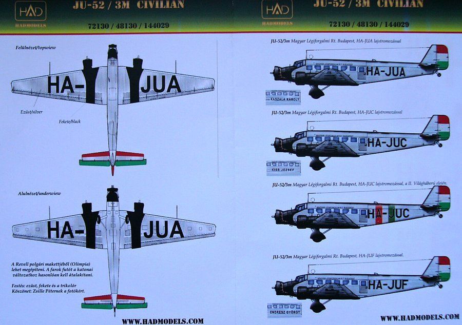 1:72 Decal Ju-52/3m Civilian (4x camo)