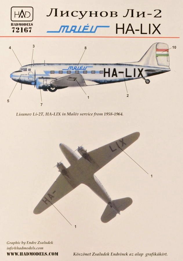 1:72 Decal Lisunov Li-2 Malév (HA-LIX)