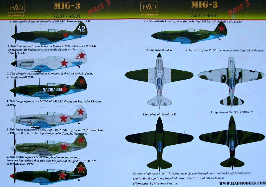 1:48 MiG-3 (Russian white 42, red 02, Za Rodina, Za Stalina) decal sheet 1