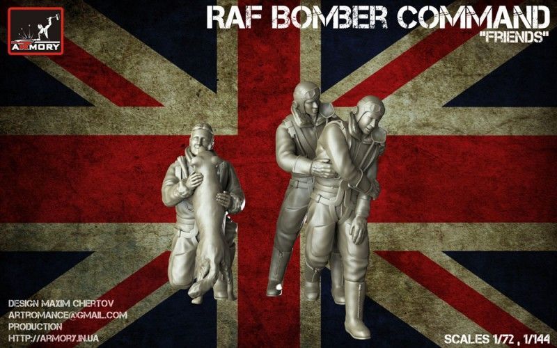 1:144 RAF WWII crewmen in high altitude outfit - 3 figures w/ dog 