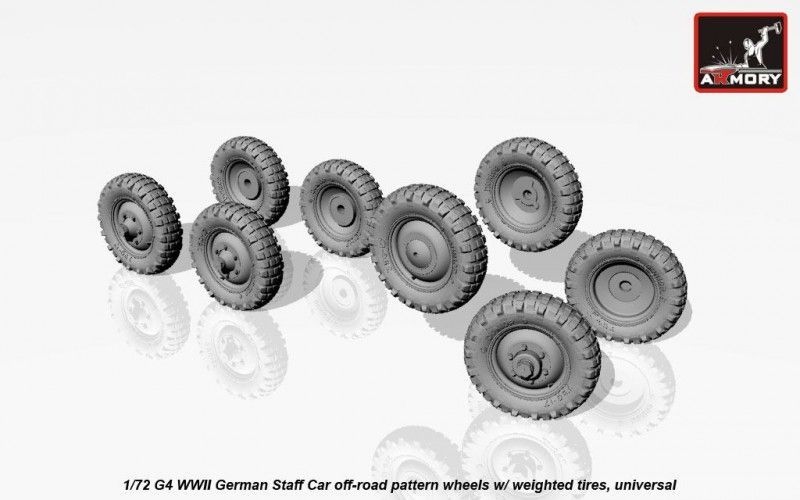 1:72 G4 German WWII Staff Car off-road pattern wheels w/ weighted tires