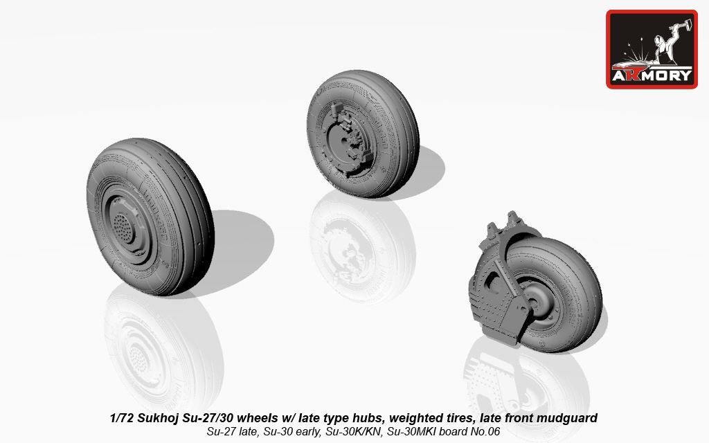 1:72 Sukhoj Su-27/30 wheels with late type hubs, weighted tires, late front mudguard
