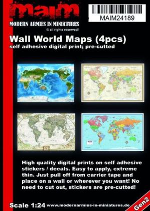 1:24 Wall World Maps (4pcs); self adhesive Stickers