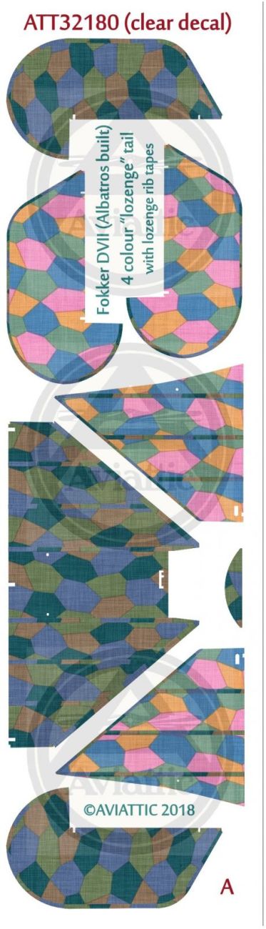 1:32 (Clear decal paper) Fokker DVII (Albatros built) 4 colour “lozenge” tail with lozenge rib tapes