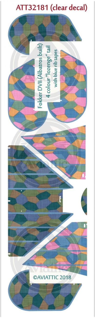 1:32 (Clear decal paper) Fokker DVII (Albatros built) 4 colour “lozenge” tail with blue rib tapes