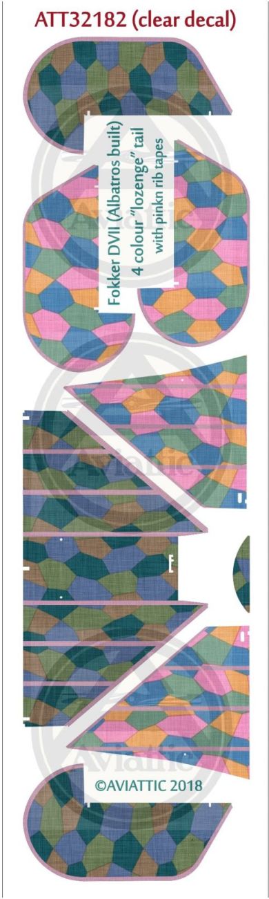 1:32  (Clear decal paper) Fokker DVII (Albatros built) 4 colour “lozenge” tail with pink rib tapes
