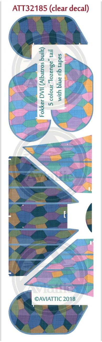 1:32 (Clear decal paper) Fokker DVII (Albatros built) 5 colour “lozenge” tail with blue rib tapes